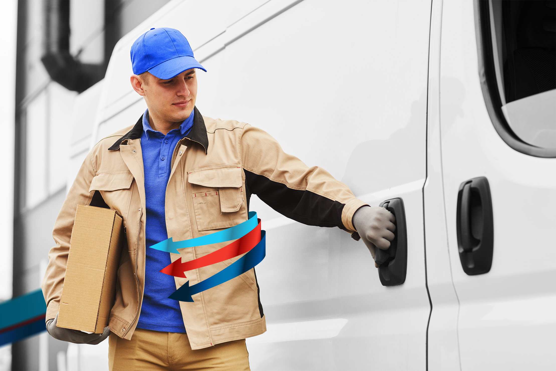 A courier male worker holding a parcel with Fleet Complete arrows wrapping around him in the process of opening a door of a white van.