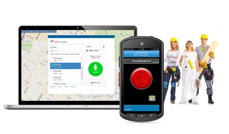 Screenshot of push to talk software for smartphone and laptop, by Fleet Complete, integrated with fleet management software. Workers are also posing in the background.