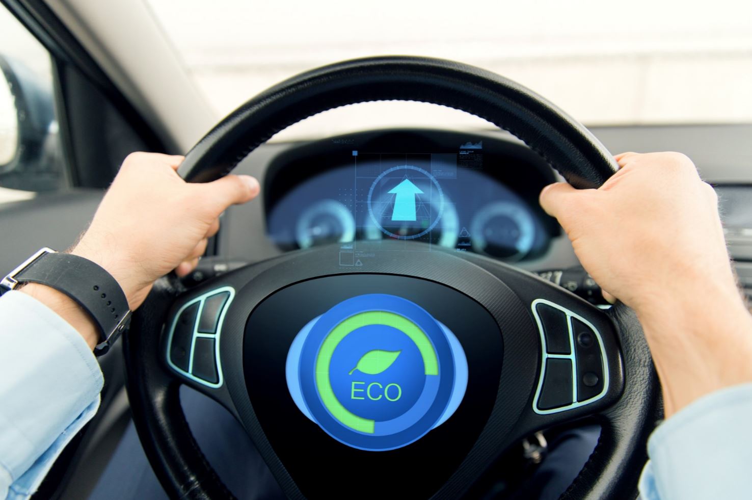Eco sign on  a steering wheel.