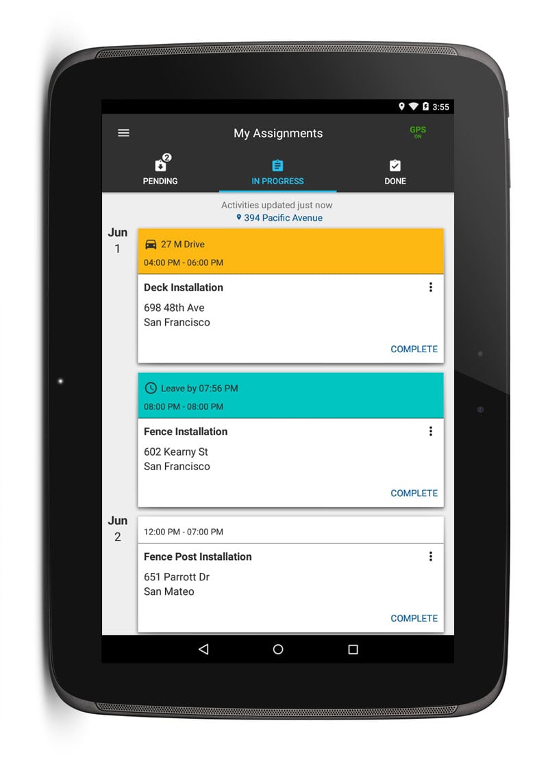 Nexus tablet displaying pending tasks in the Fleet Complete Task Tracker App.
