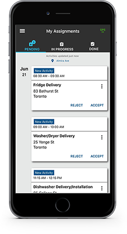 Task Tracker software shown on iphone screen with task management module displaying pending work orders.