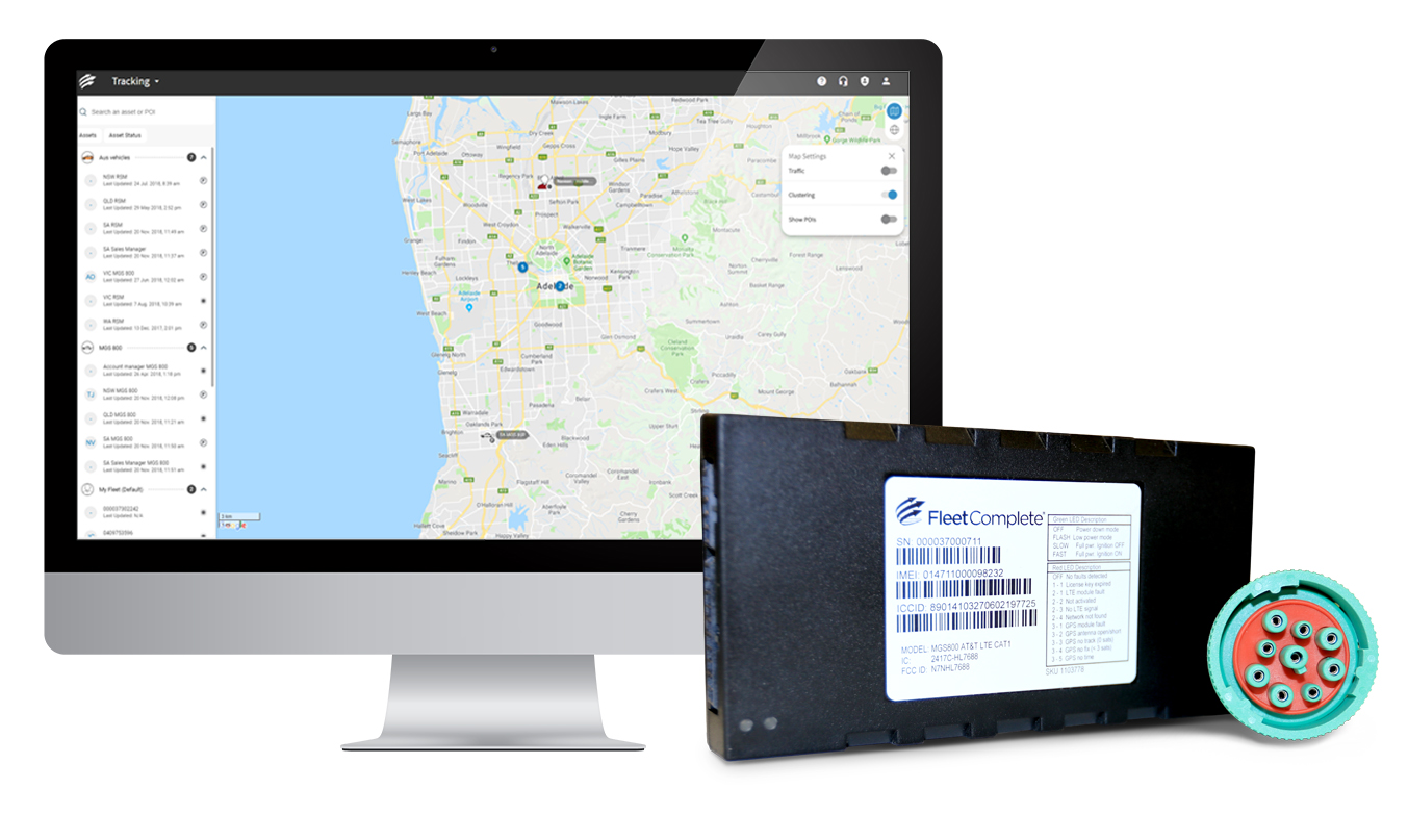 Fleet Complete hardware and a desktop screen with Fleet Complete tracking module.
