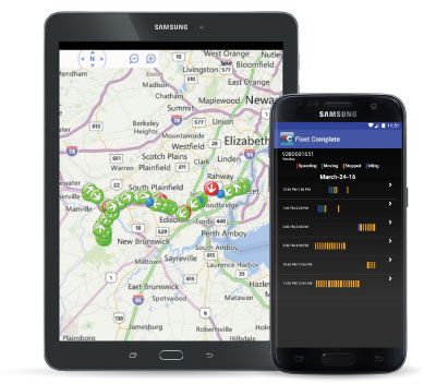 A tablet and phone show screenshots of a fleet management software and vehicle tracking.
