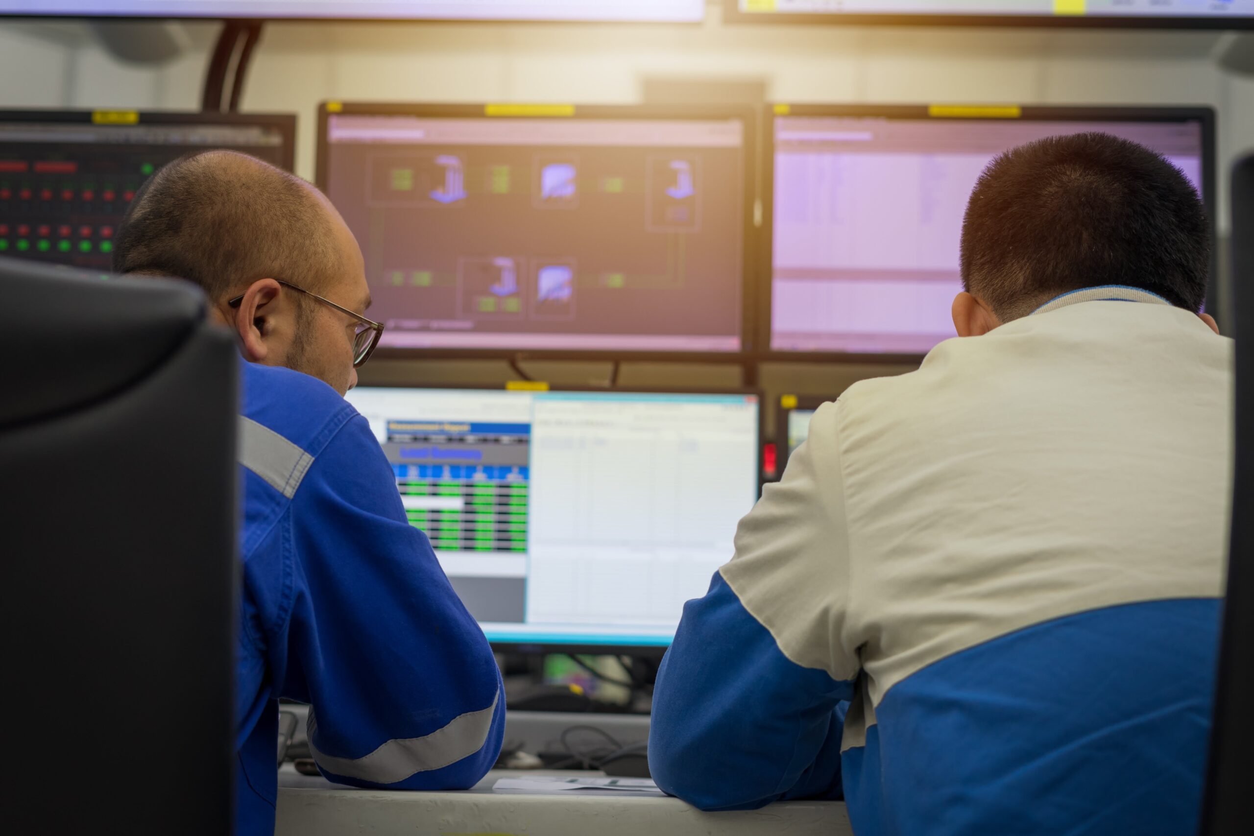 Two fleet managers monitoring data on computer screens.