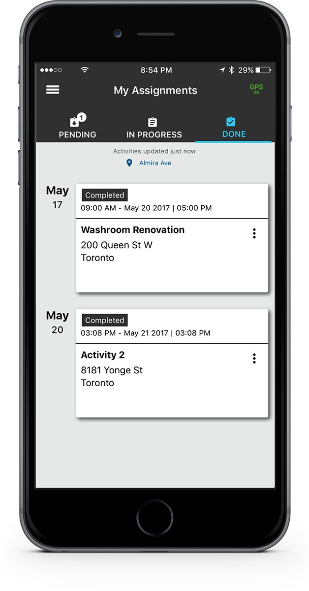 Fleet Complete Task Tracker app on iPhone featuring Completed tabs on the screen.