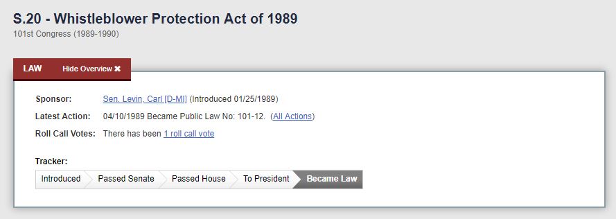Screenshot of the Whistleblower Protection Act of 1989 website page