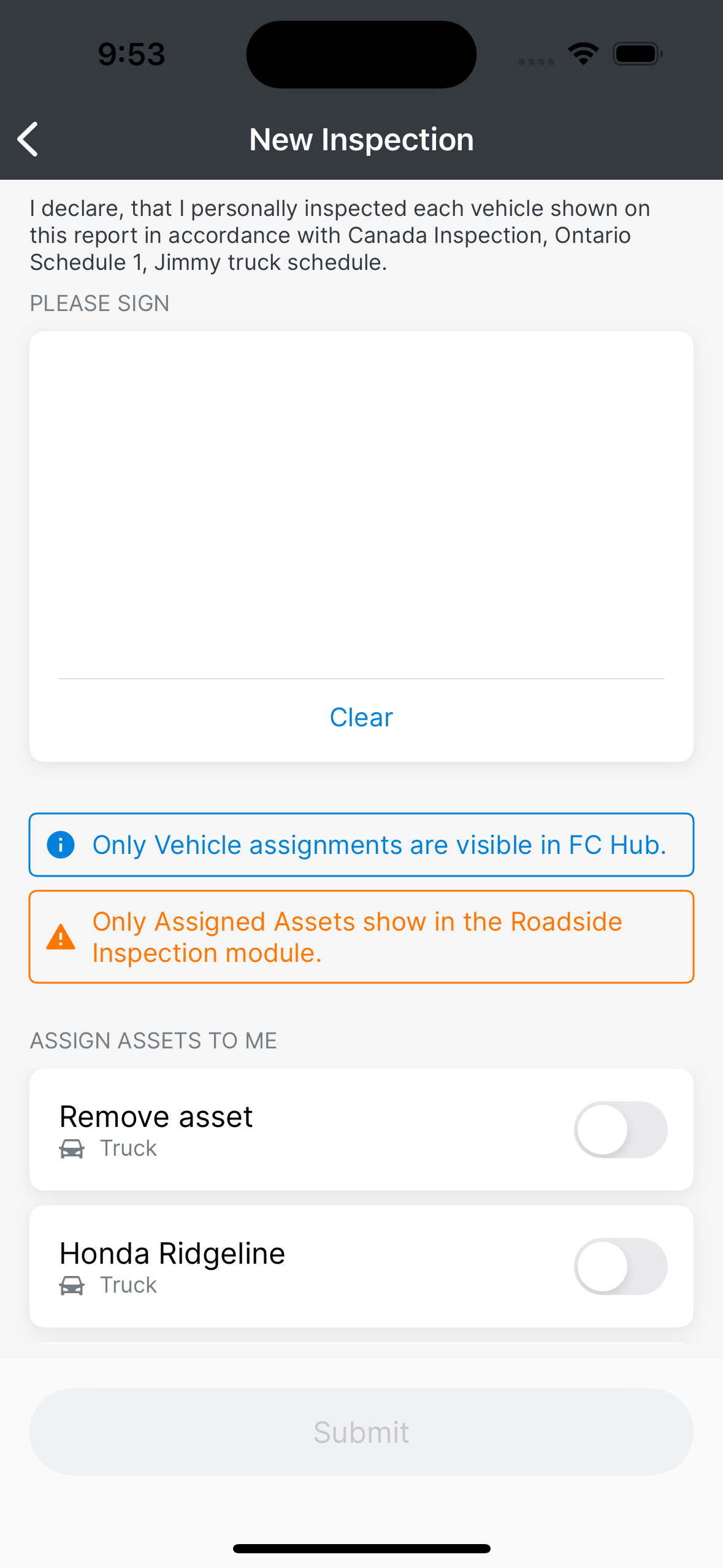 warning message that only assigned assets show in roadside inspection module