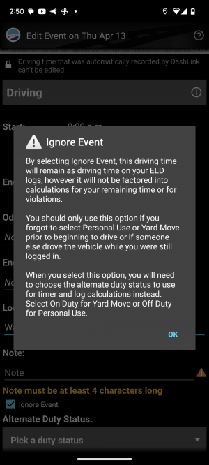 Warning when Ignore Event is Selected